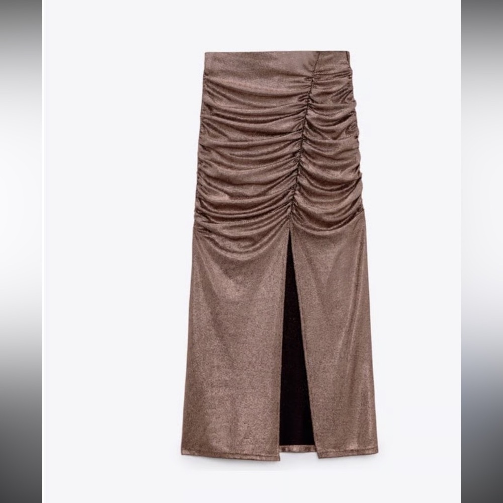 Zara Metallic Brown Ruched Pencil Skirt